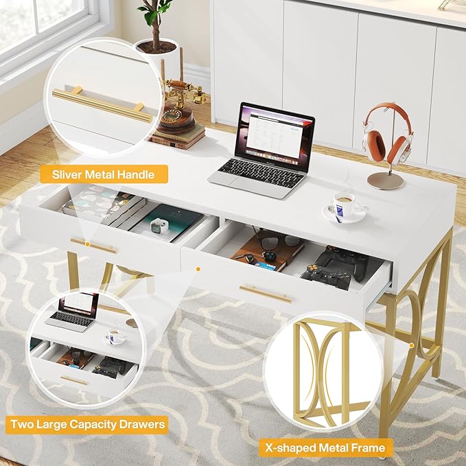 Tribesigns Modern Computer Desk with 2 Drawers Set of 2 41 Inches Study Writing Office Desk for Home Office Bedroom Makeup Vanity Table Desk with Gold Metal Frame White &amp Gold