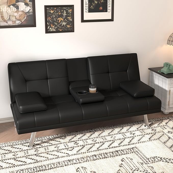 Anwick Convertible Folding Futon Sofa BedModern PU Leather Sleeper Love Seat with 3 Reclining Backrest &amp Cup Holders67 Comfy Sofa Couches for Living Room Small Home Office (Black)