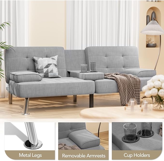 Shahoo Modern Linen Upholstered Convertible Folding Futon Sofa Bed with Removable Armrests Metal Legs 2 Cup Holders for Living Room Light Grey
