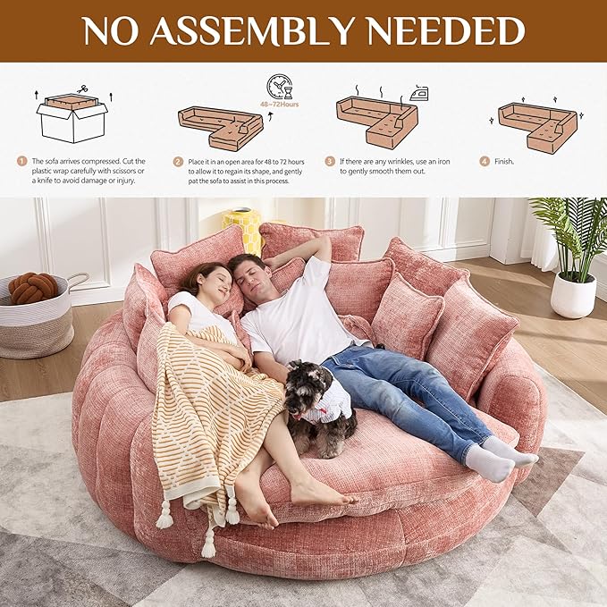 81 Round Sofa Bed Big Bean Bag Round Chaise Lounge Oversized Round Couch Boneless Reading Chair Plush Fluffy Chenille Large Chaise Chair for Living Room Bedroom Apartment Pink