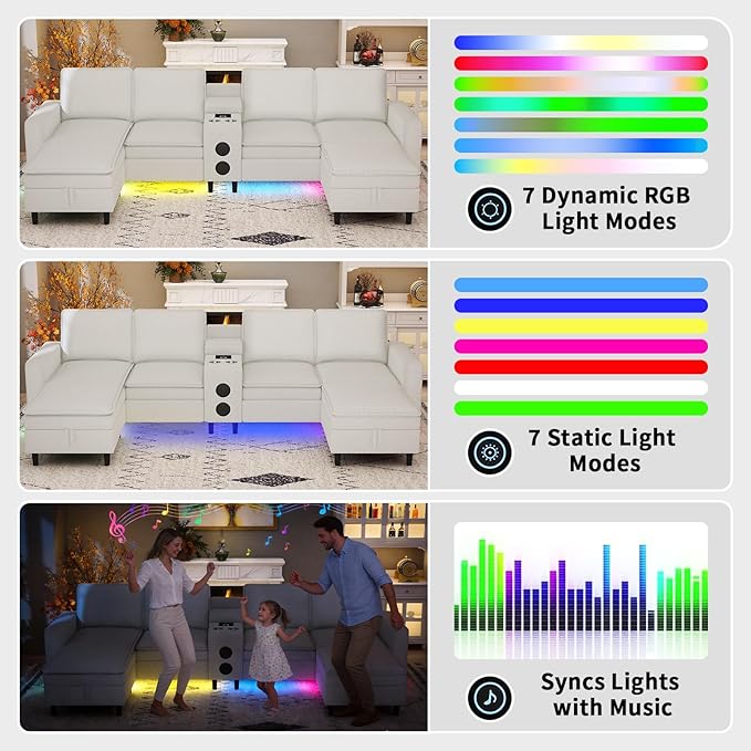 Sectional Couches for Living Room 6 Seat Sectional Sofa with Bluetooth Speaker/RGB Light/Charging Station Teddy Fleece U Shaped Couch with Storage Ottoman and Reversible Chaise Lounge - White