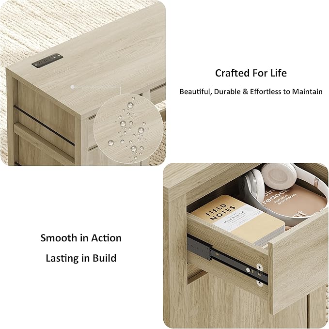 58 Office Desk with Drawers Charge Station and Foldable Keyboard Tray Farmhouse Wooden Home Computer Desk with Storage Cabinet and 3 Magazine Rack for Home Office and Study Natural Birch