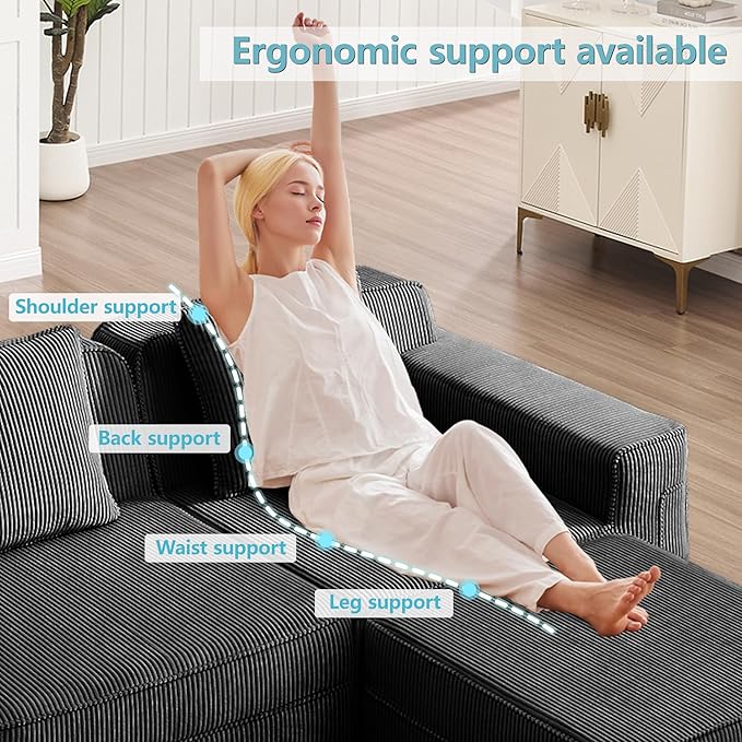 Sectional Cloud Boneless Sofa Couches for Living Room-81 Black 3 Seater L-Shaped Modern Lounge Couch No Assembly Required Corduroy Sleeper Sofas with Ottoman