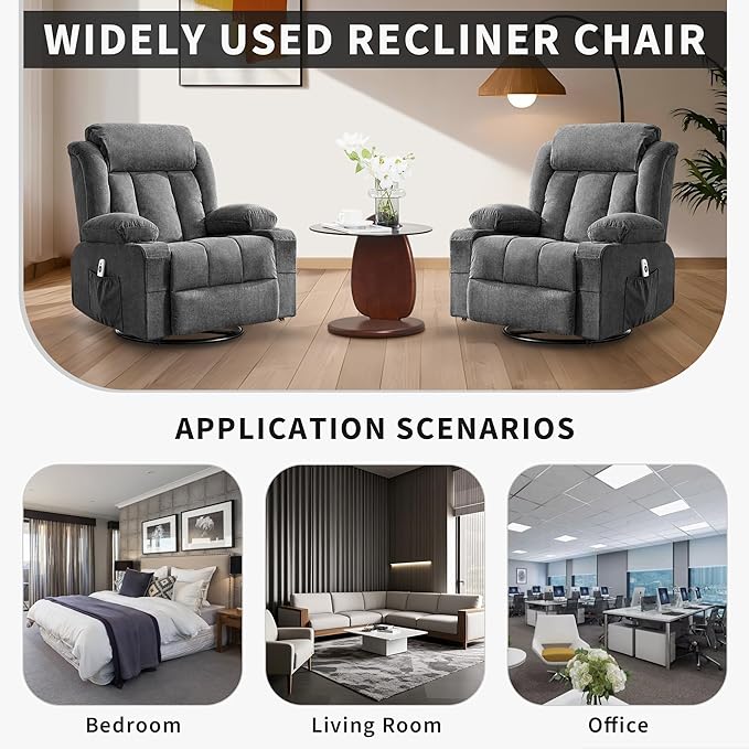 GAOMON Rocker Swivel Recliner Chair with Heat Massage Large Wide Lazy Boy Single Sofa Seat with 3 Positions 2 Side Pockets Cup Holders USB Ports Remote Control