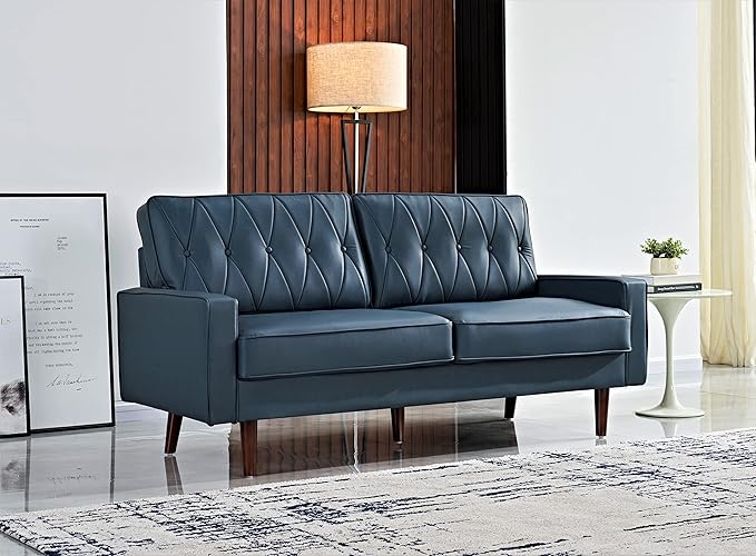 Container Furniture Modern Style Faux Leather Sofa with Elegant Round Tapered Legs and Button Tufted Backrest Perfect for Living Room Bedroom or Home Office 69.3’’ Wide Blue