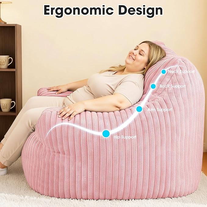 Giant Bean Bag Chair for Adults Oversized Memory Foam Bean Bag Sofa with Armrests Large Comfy Fluffy Single Lounges Mini Couch for Living Room Bedroom &amp Dorm(Pink)