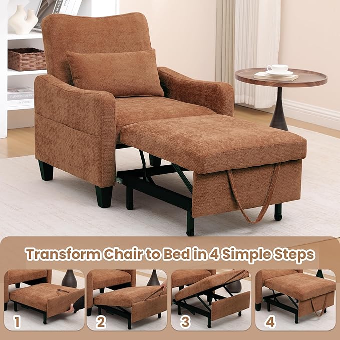 3 in 1 Convertible Sofa Bed Chair Pull Out Single Sleeper Chair Bed with Adjustable Backrest Modern Lounge Sofa for Small Space Orange