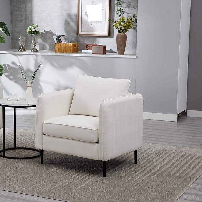KEIKI Accent Chair for Living Room Velvet Single Sofa Chair with 1 Pillow Comfy Cloud Chair for Bedroom Office and Reading Metal Legs Soft Modern Design Ivory