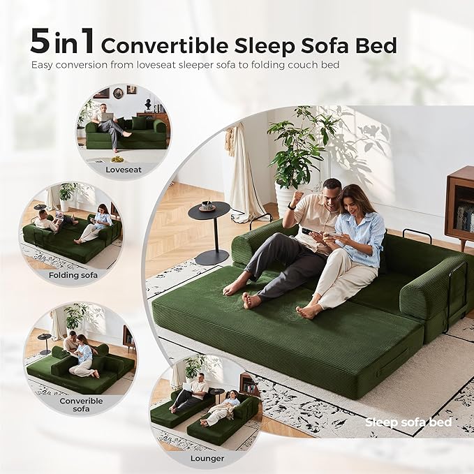 5-in-1 Reinforced Folding Sofa Bed | 79 Steel Support Frame with High-Resilience Memory Foam | Sturdy &amp No Tools Needed for Family Living Room (Green)