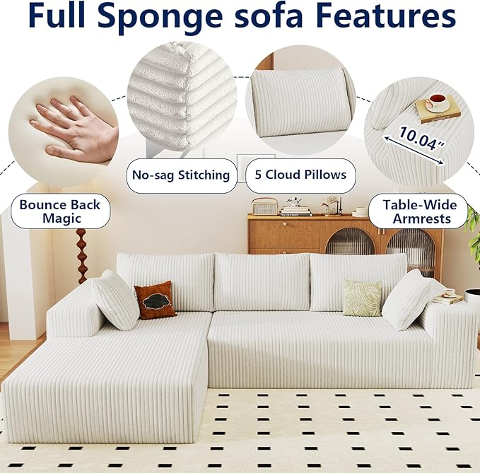 96 Modular Sectional Sofa Modern Corduroy Cloud Couch with Deep Seat Boneless Couch Upholstered 3-Seater L-Shaped Sofa for Living Room No Assembly Required (White Left-Facing Chaise)