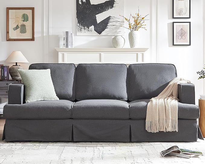 AMERLIFE Modern Sofa 89 inch Slipcovered Sofa 3 Seater Sofa Comfy Couch for Living Room Office Linen Grey Oversized Couch