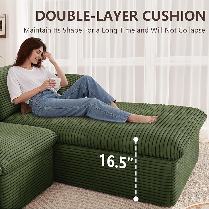 107 Cloud Modular Sectional Sofa with 1 Ottoman Deep Seat Boneless Couch Modern Upholstered Corduroy Couches Comfort U Shaped Sofa for Living Room No Assembly Required(GreenRight Facing Chaise)