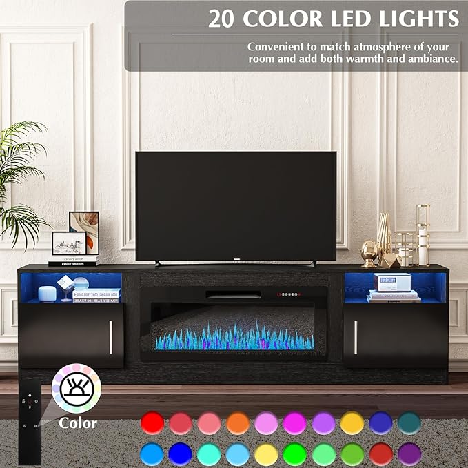 VITESSE TV Stand with 36 inch Electric Fireplace Up to 90 TVs LED Light Entertainment Center 80 Modern Wood High Gloss Fireplace with Highlight Storage Cabinet for Living Room (Black)