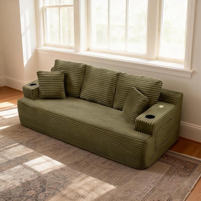 Eafurn Floor Loveseat Boneless Sofa Couch in a Box with Cup Holder and Side Pockets 3 Seater Comfy Corduroy Upholstered Foam Couch with Deep Seating for Living RoomNo Assembly | Breathable material