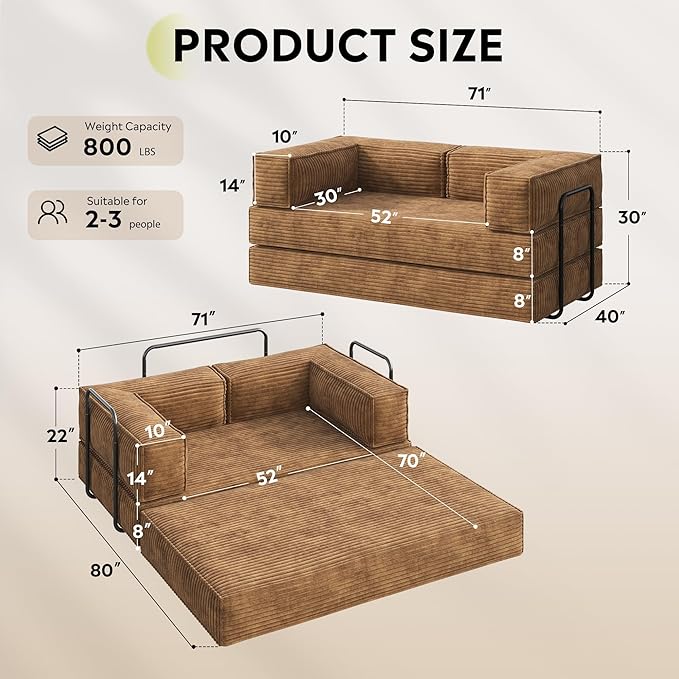 WLIVE 71'' Futon Sofa Bed Convertible Sleeper Sofa Folding Pull Out Couch Boneless Mattress with Fixed Frame Corduroy Brown