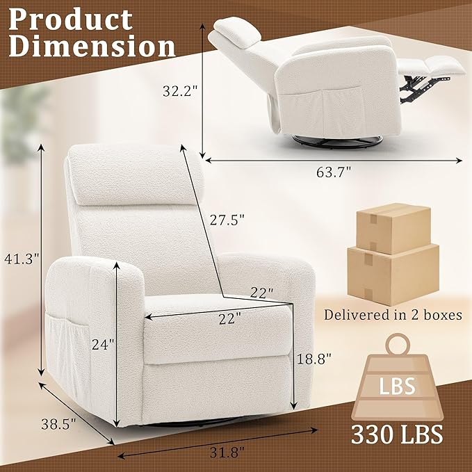 Power Swivel Recliner Chairs for Adults Electric Glider Rocking Chair Nursery Glider Recliner Nursery Chair with Classified Side Pocket Nursery Rocking Chairs with USB and Type-C Ports