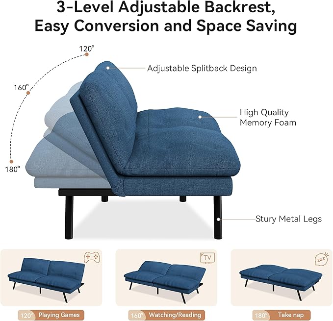 Futon Sofa Bed Convertible Couch Blue Linen Sofa Bed with Adjustable Backrest Multifunctional Small Loveseat Sleeper Sofa for Living Room Apartment Office