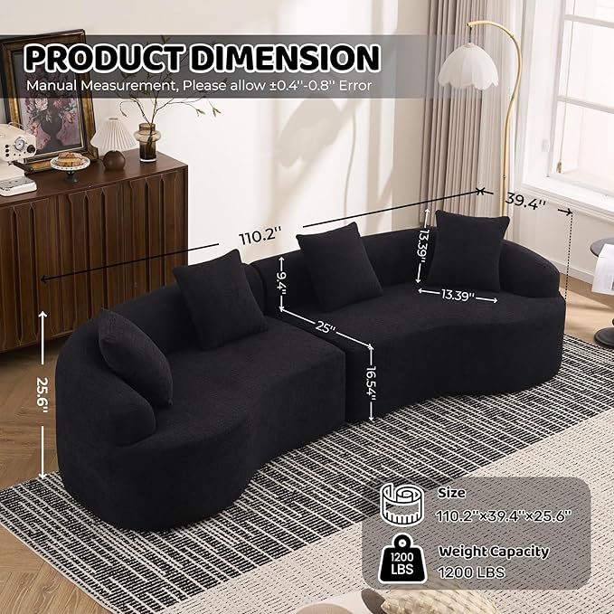 110 Black Curved Boneless Couch with Cushions Modern Cloud Sofa for Living RoomChenille Sectional Minimalist Deep Seat Luxurious No Assembly