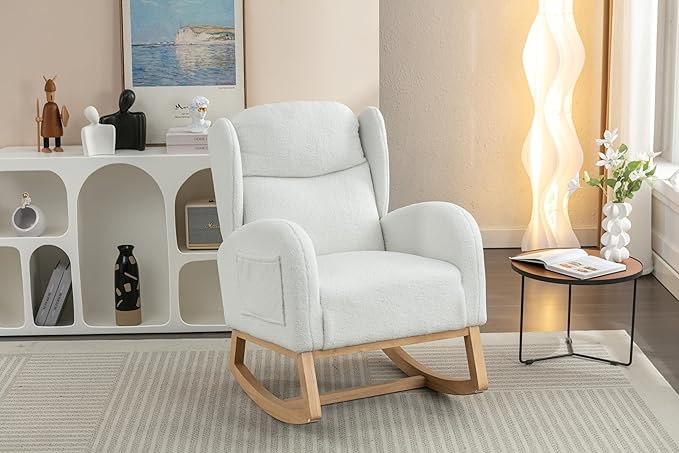 Teddy Rocking Chair Ivory Fabric Accent Chair with Wooden Legs for Living Room Bedroom Indoor Use Comfortable Upholstered Rocker with 300 Lbs Capacity