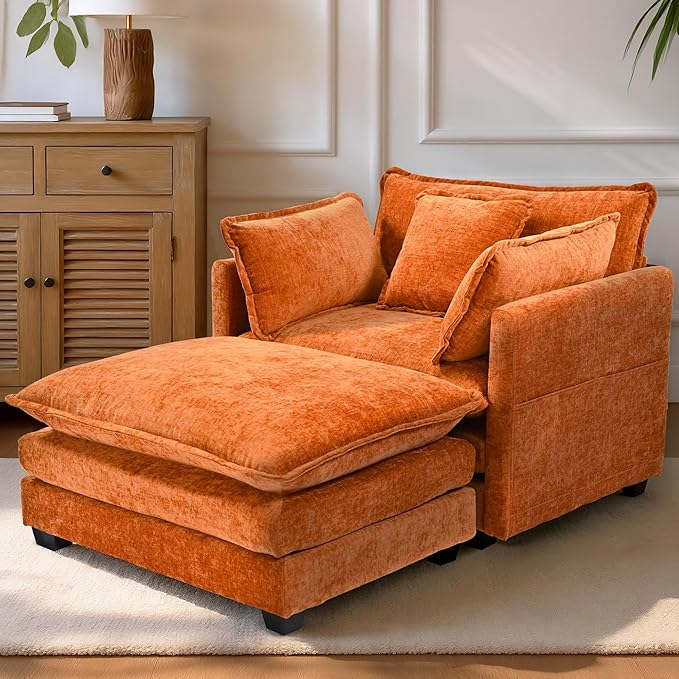 SweetGO corporation 40 Chenille Lounge Chair for Reading Modern Couch Cozy Sofa Bed Upholstered Living Room Single Sofa Accent Chair with Ottoman Orange