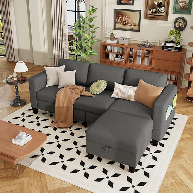 ZeeFu Sectional Sofa Couch with Storage Ottoman 78 L Shaped Modular 3 Seater Couches for Living Room Modern Linen Fabric Set for Small Space Apartment Office