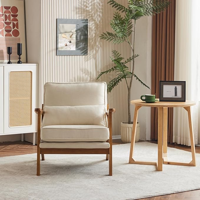 Karl home Accent Chair Wide Armrest Mid-Century Lounge Chair Linen Fabric Armchair with Lumbar Pillow &amp Solid Wood Frame for Living Room Bedroom Balcony Beige