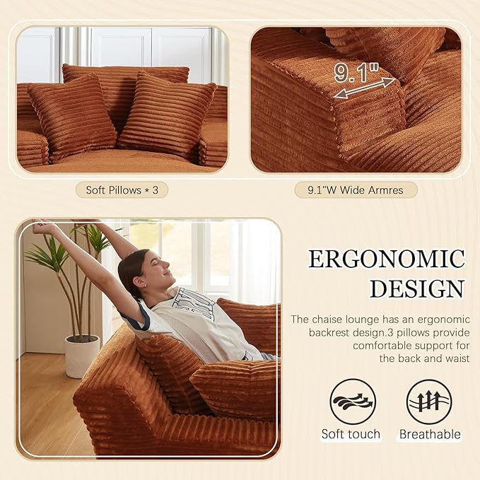 80 Inch Oversized Chaise Lounge Chair IndoorBoneless Corduroy Sofa Bed with Spring CushionDeep Seat Cloud Couch and Reading LoungerSoft Sleeper Sofa for Living RoomNo Assembly Required (Orange)
