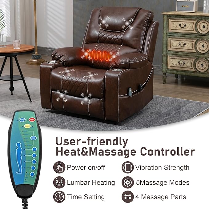 Oversized Power Lift Recliner Chair 400 LBS for Big and Tall Elderly 26 Extra Wide Zero Gravity Electric Recliner Chair with Massage and Heating Leather Home Theater Seat Brown