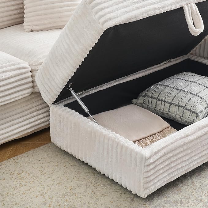 82 Inches Corduroy Square Arms Loveseat Sofa with One Storage Ottoman Comfy Deep Seat Modular Sectional Futon Couch with 4 Throw Pillows for Living Room Bedroom Office (White)