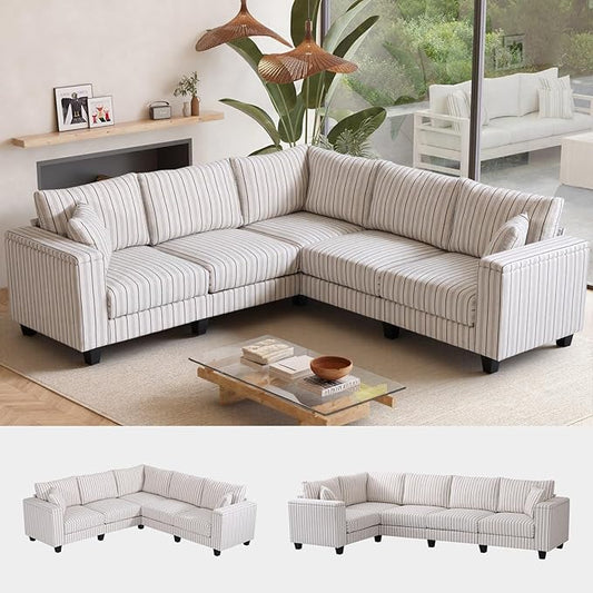 97 5 Seater L Shaped Couch Corner Sofa Oversized Cloud Couch with 2 Pillows Modular Sectional Sofa Armrests with Two Hidden Storage Space Sectional Couches for Living Room Blue Stripe