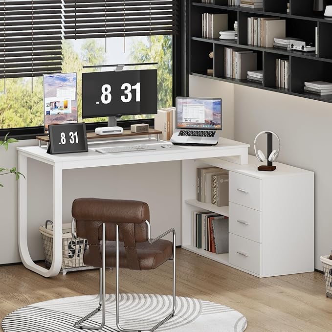 WOODTIME White L Shaped Office Desk with 3 Drawers &amp 2 Shelves 55 Inch Reversible Corner Computer Desk Home Office Executive Writing Sturdy Desk with Metal Legs