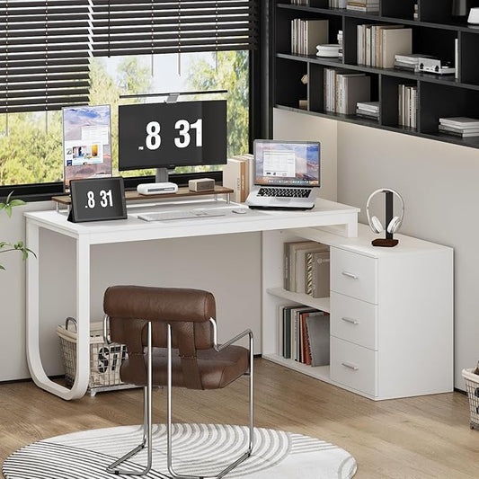 WOODTIME White L Shaped Office Desk with 3 Drawers &amp 2 Shelves 55 Inch Reversible Corner Computer Desk Home Office Executive Writing Sturdy Desk with Metal Legs