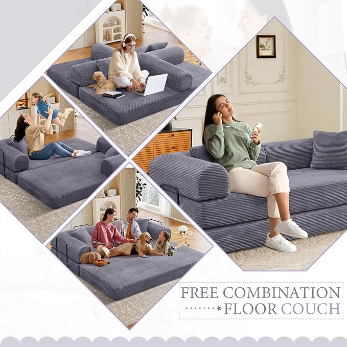 78 Convertible Sleeper Sofa Bed with Cylindrical Pillow Corduroy Folding Mattress Couch with Fixed Frame Floor Sofa Lounge Couch for Living Room Bedroom Apartment Dark Grey
