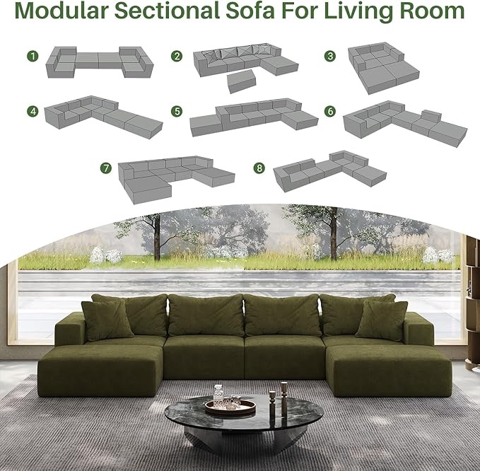 162 Oversized Cloud Couch Upholstered Modular Sectional Sofa with 6 Pillows Deep Seat Chenille Couches for Living Room Free Combination No Assembly Required (Green)