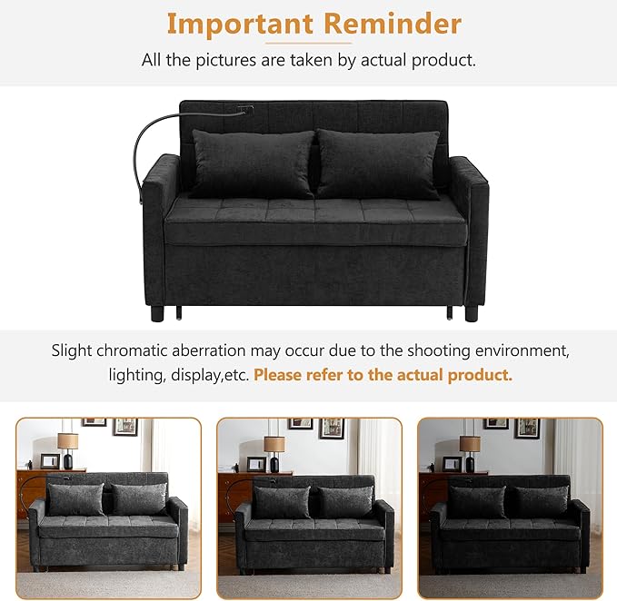 Anwick Modern 56.9 Convertible Sleeper Sofa Bed 3 in 1 Comfy Velvet Loveseat Sleeper Chair BedAdjustable BackrestTwo USB Ports and Phone HolderPull Out CouchLoveseatSectional Sofa Bed (Black)