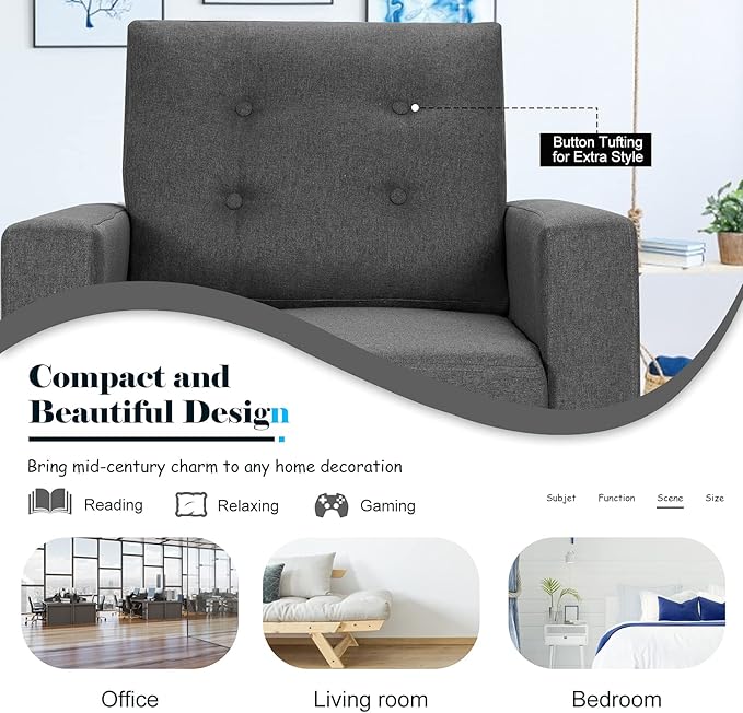 Giantex Modern Accent Chair Upholstered Living Room Chair Button Tufted Single Sofa Couch Bedroom Reading Guest Room Patented Linen Fabric Armchairs with Side Pockets and Wood Legs Gray