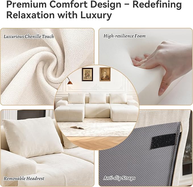 Oversized U-Shaped Sectional Sofa Cream Sectional Couch120.5 Modular Couch with 2 Ottomans Boneless Cloud Couch with Chenille Upholstery and Deep Seats No Assembly Required Beige