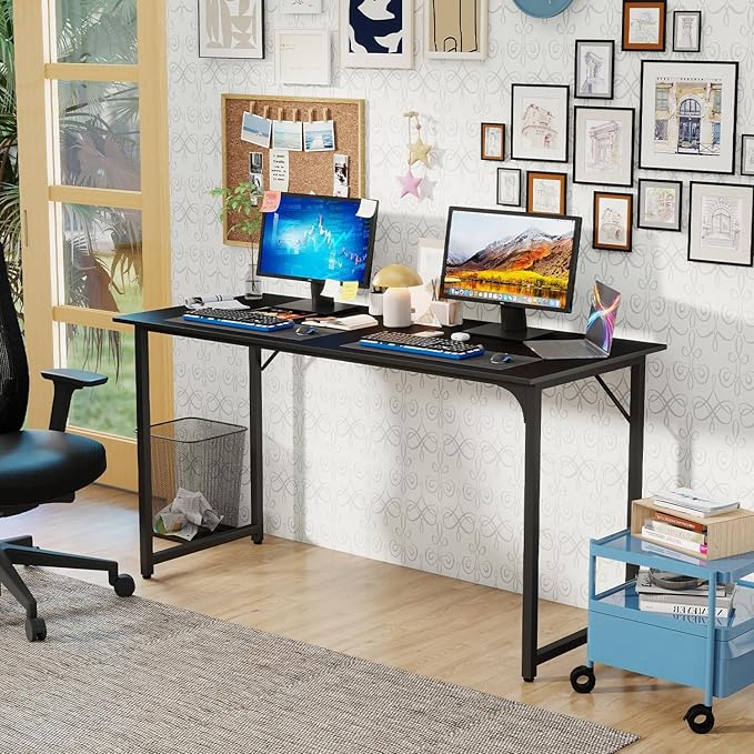 Bigacc Computer Desk Office Desk with Metal Frame Adjustable Feet | Water-Resistant Scratchproof Surface | Sturdy Writing Table for Home Office or Study (Black 55 Inch)