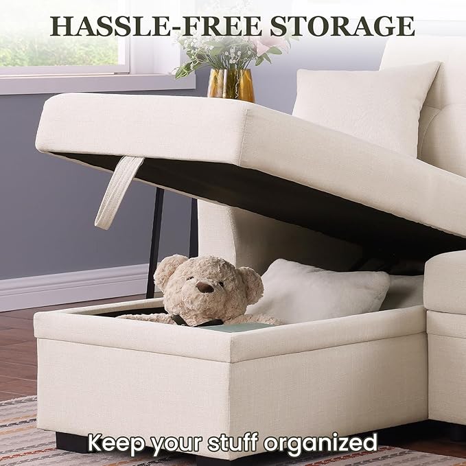Convertible L-Shape Sofa Bed with Storage Space-Saving Features Pull-Out Sleeper and Charging Ports for Apartment Living Room and Office White