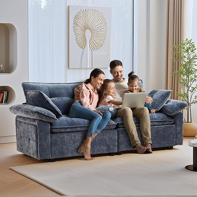 Modular Loveseat Sofa with Ottoman 81.5'' Deep Seat 2-Seater Chenille Couch Comfy L Shaped Convertible Small Sofa for Apartment Living Room Office Soft FabricLoveseat Sofa (Mist Blue)