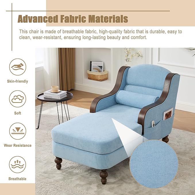 Upholstered Oversized Chaise Lounge Chair Solid Wood Frame Comfy Arm Chair with Thick Double-Layer Cushion Curved Armrests Modern Overstuffed Sleeper Recliner for Bedroom Living Room (Light Blue)