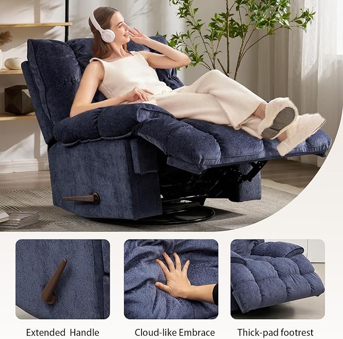 SITJOY Oversized Power Swivel Rocker Recliner Chair Overstuffed Extra Wide Rocking Chair for Big and Tall Glider Recliner Nursery Chair Soft Breathable Fabric in Dark Blue Manual