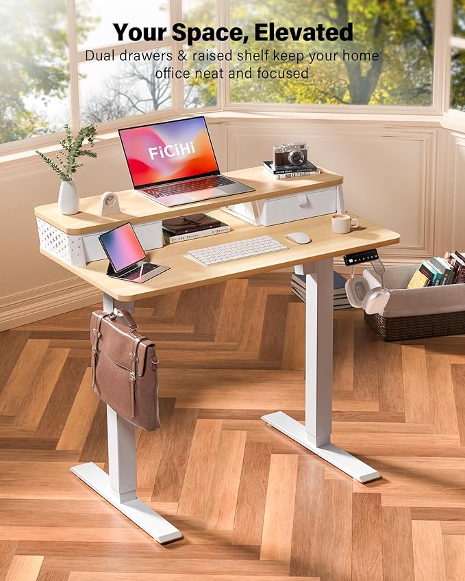 FiCiHi 40x24 Inch Standing Desk with Drawers C-Clamp Mount Compatible Electric Adjustable Height Computer Small Stand Up Desks Home Office Sit Stand Table with 3 Preset Heights Maple