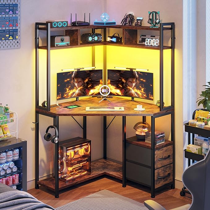 Corner Desk 35.4 W x 63 H Office Desk and Small Gaming Desk with Hutch &amp LED Lights Computer Desk with Drawers for Storage &amp Shelves and Hook for Small Space Rustic Brown
