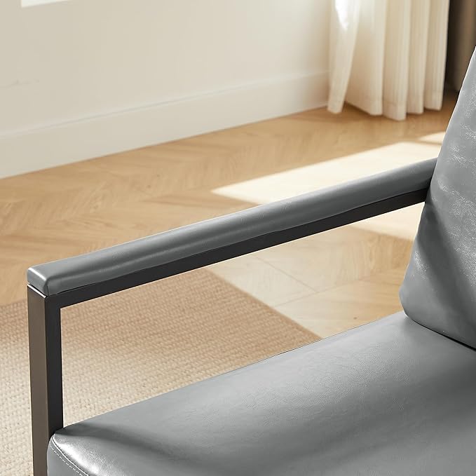 PVC Artificial Leather Armchair Retro Leisure Accent Chair with Extra Soft Padded Cushion Metal Armrests Modern Reading Arm Chair with Black Metal e for Living RoomOfficeBedroomStudy Gray