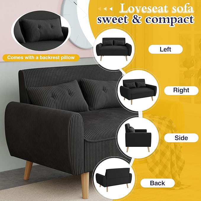 JAMFLY 47'' Small Loveseat Sofa 2 Seat Compact Couch with Tapered Legs Black Upholstered Furniture Solid Wood Frame Comfy Foam Cushion Easy Assembly for Small Spaces
