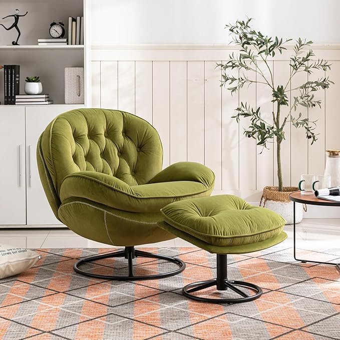 JINS&ampVICO Swivel Accent Chair Armchair with OttomanVelvet Lounge ChairComfy Living Room ChairLazy Sofa for BedroomApartmentReading RoomGreen