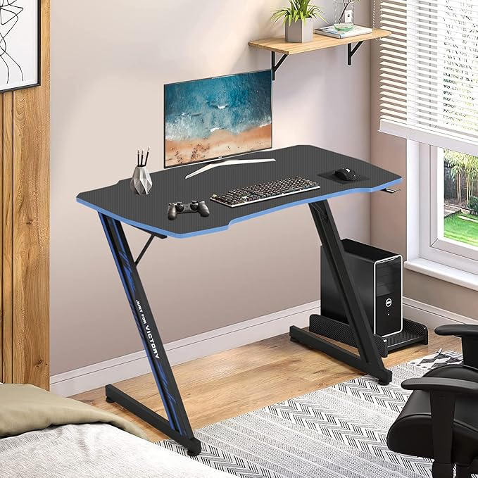 BLKMTY 35 Inch Gaming Desk Computer Desk with Headphone Hook Modern Gamer Desks Table for Home Office Dorm Sturdy Writing Workstation Z-Shaped Carbon Fiber Black Blue