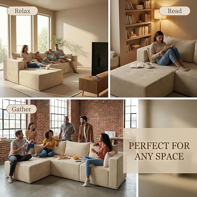 Boneless Cloud Couch with Movable Chaise Ottoman Moudular Sleeper Couch Dual-Core Support Spring &amp High-Resilience Foam 105 Corduroy Couch for Living Room No Assembly Beige