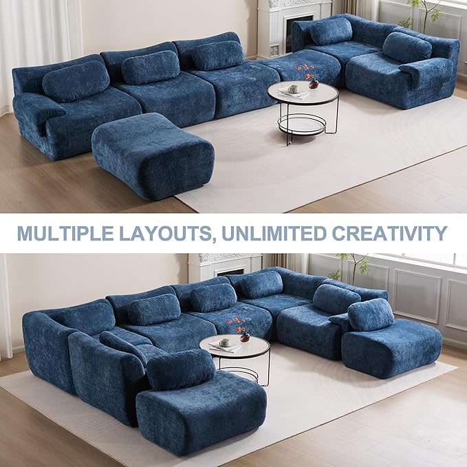 Multiple Modular Boneless Couches for Living Room Cloud Sectional Sofa with Comfy Deep Seat Oversized Single Sofa for Bedroom Apartment No Assembly 1 Module Combined Blue